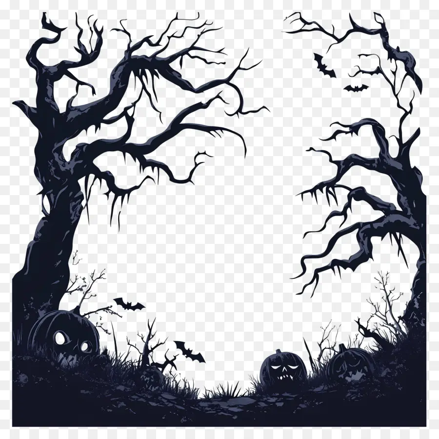 Plantilla De Pancarta De Halloween，árboles Espeluznantes PNG