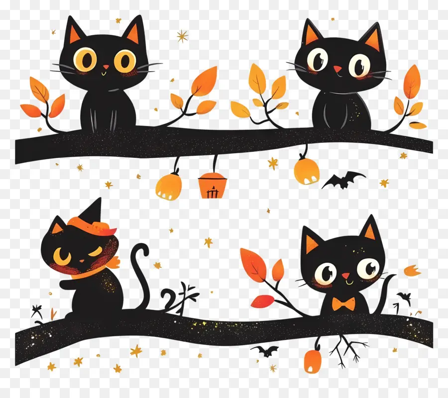 Plantilla De Pancarta De Halloween，Gatos Negros En Las Ramas PNG