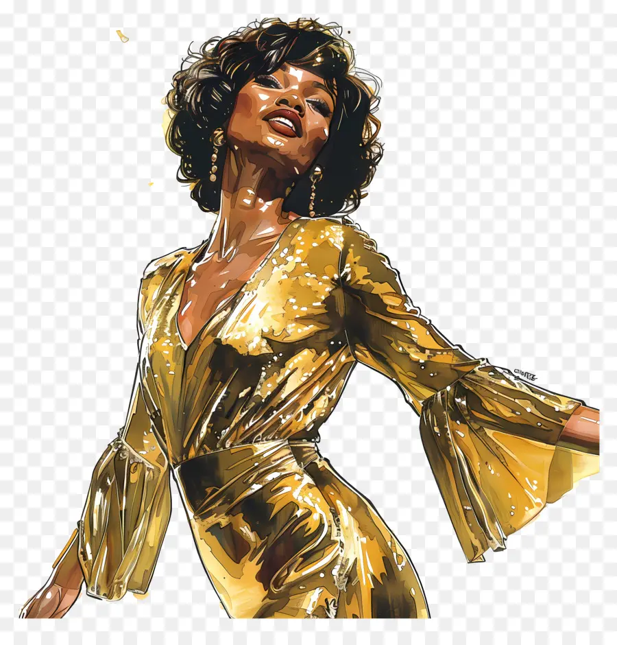 Whitney Houston，Mujer En Vestido Dorado PNG