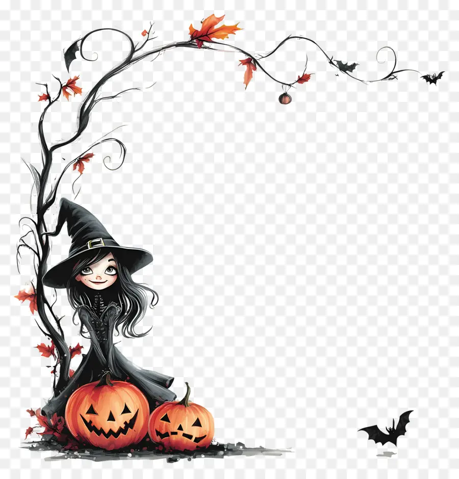 Plantilla De Pancarta De Halloween，Bruja Y Calabazas PNG