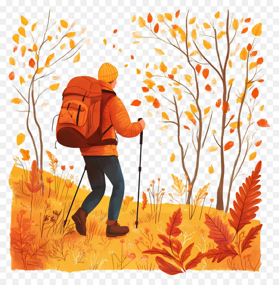 Senderismo En Otoño，Caminante Con Mochila Naranja PNG