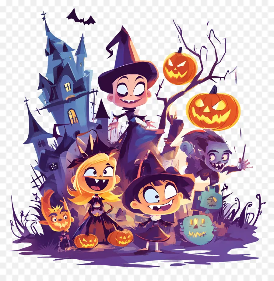 Noche De Halloween，Niños De Halloween Y Casa Encantada PNG