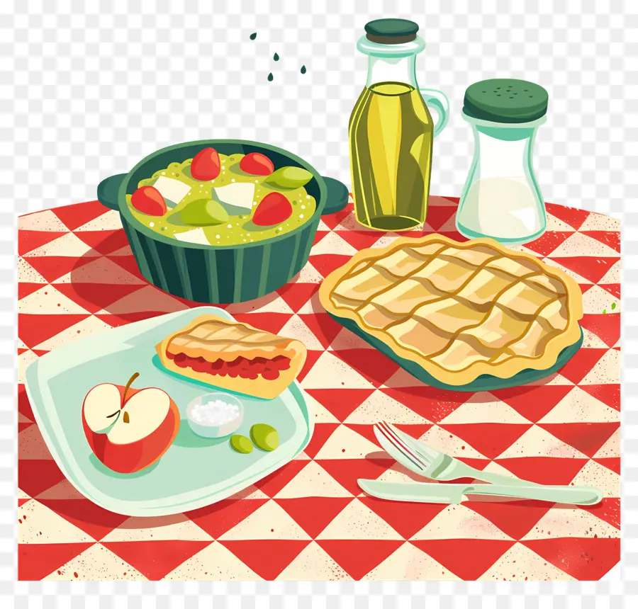 Mesa De Picnic，Pastel Y Ensalada PNG