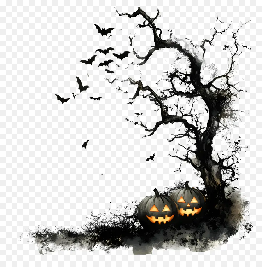 Noche De Halloween，Árbol Embrujado Y Calabazas PNG