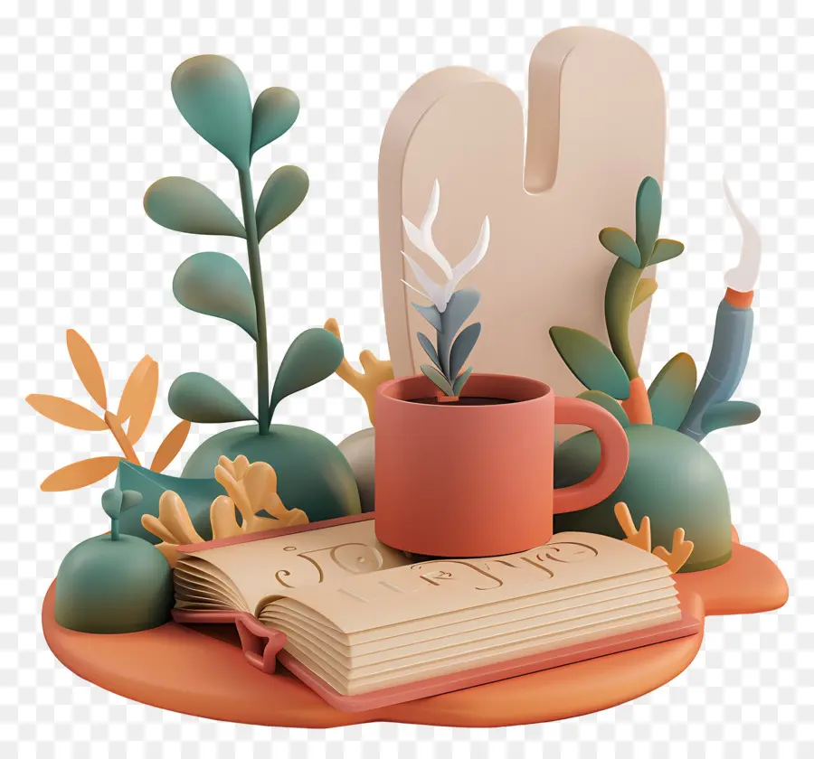 Libros Animados，Libro Abierto Con Plantas Y Taza PNG