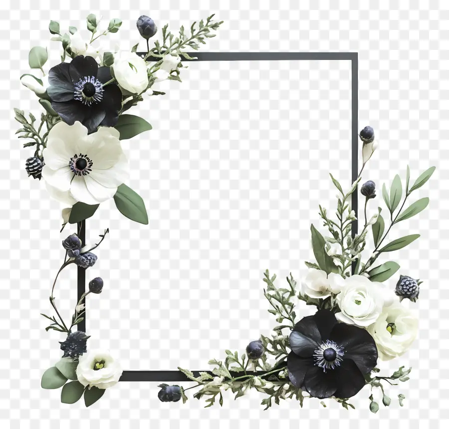 Flores De Boda，Marco Floral Blanco Y Negro PNG