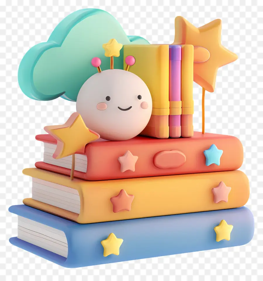 Libros Animados，Pila De Libros Con Estrellas Y Nubes PNG