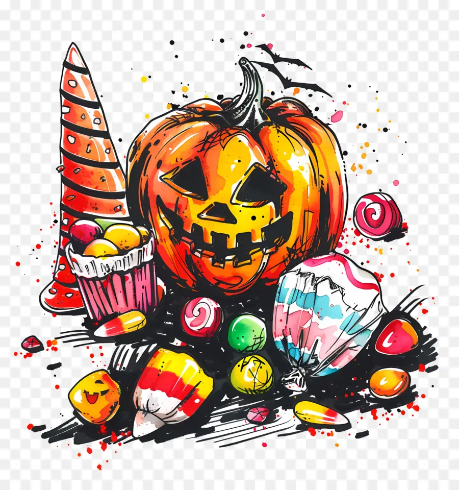 Dulces De Halloween，Calabaza Y Dulces PNG