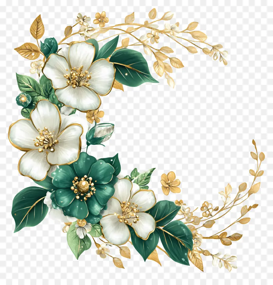 Flores De Boda，Diseño Floral Verde Y Dorado PNG