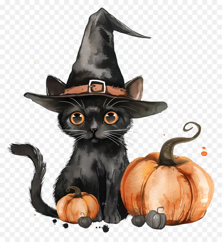 Lindo Gato De Halloween，Gato Negro Con Calabazas PNG