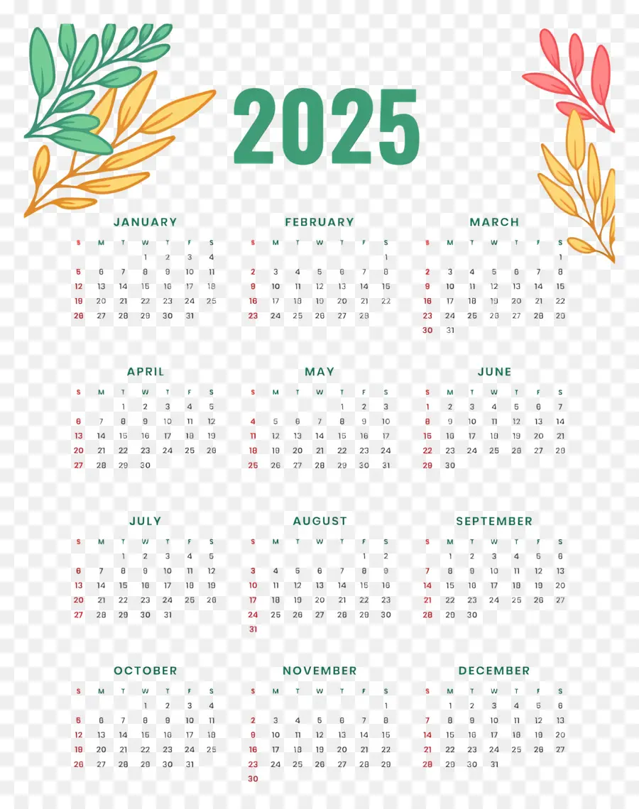 Calendario 2025，Calendario 2025 Con Hojas PNG