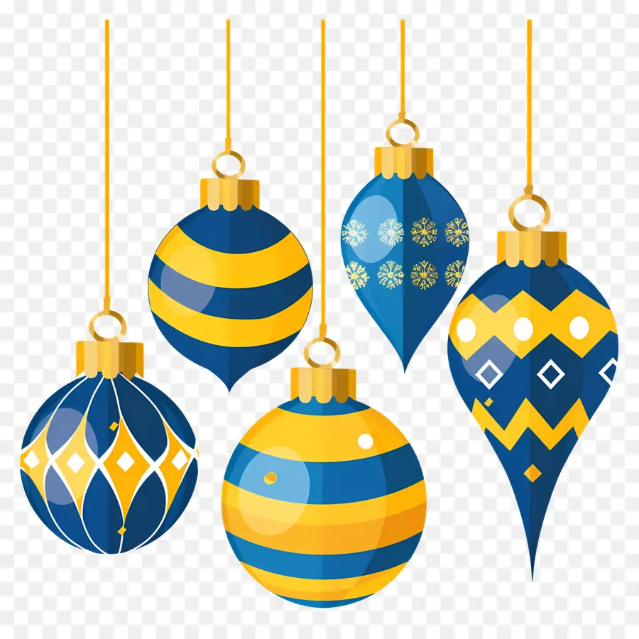 Bolas De Navidad Colgantes，Adornos Azules Y Amarillos PNG