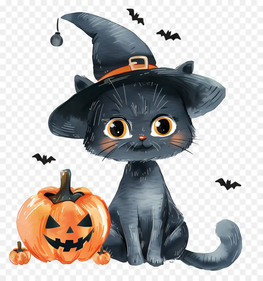 Lindo Gato De Halloween，Gato Negro Con Calabazas PNG