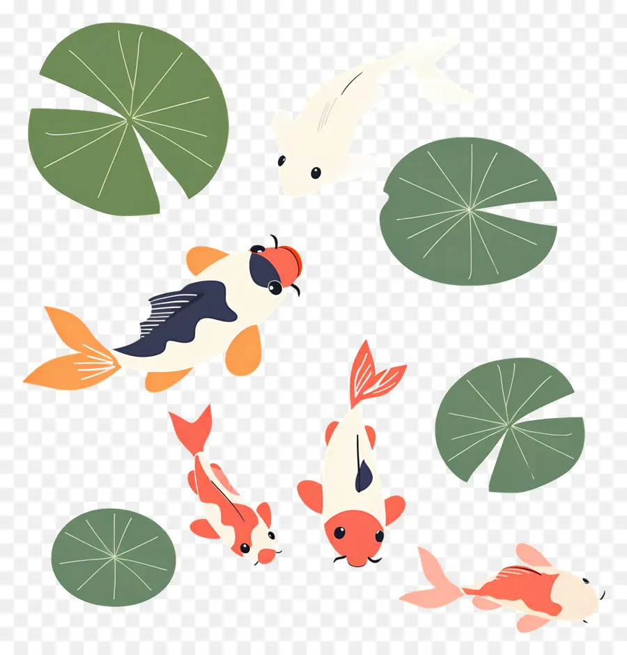 Pez Koi，Cuatro Peces Koi Con Lirios PNG