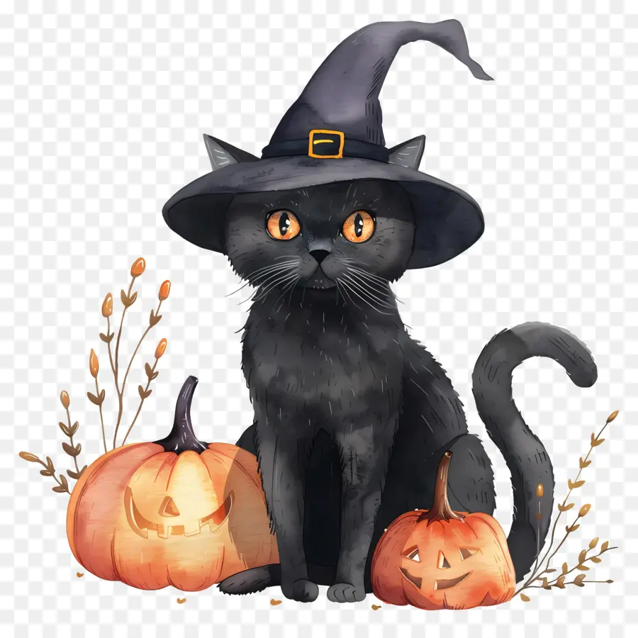 Lindo Gato De Halloween，Gato Negro Con Calabazas PNG