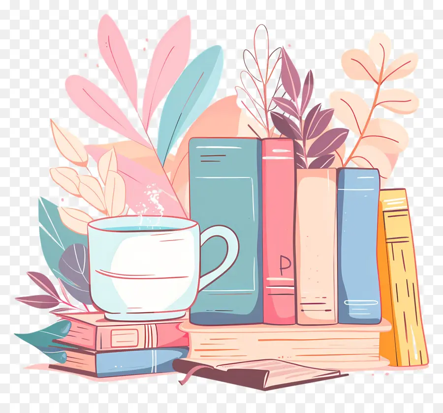 Libro Y Café，Libros Y Plantas En Una Estantería PNG