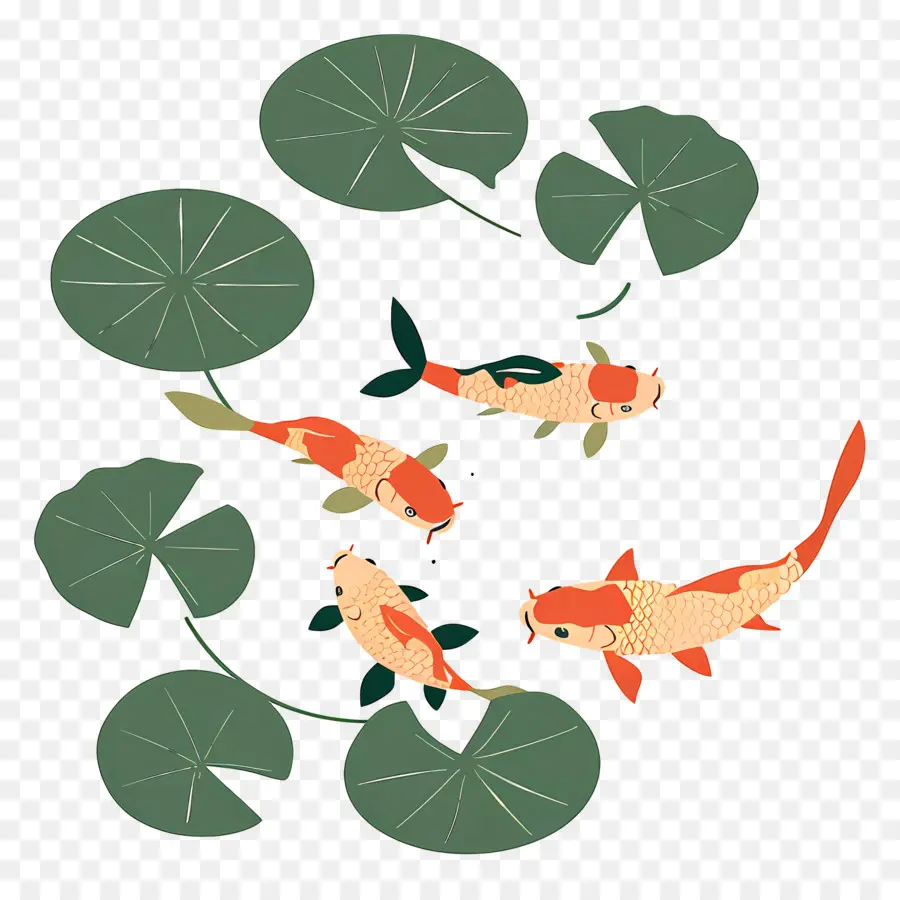 Pez Koi，Cuatro Peces Koi Con Lirios PNG