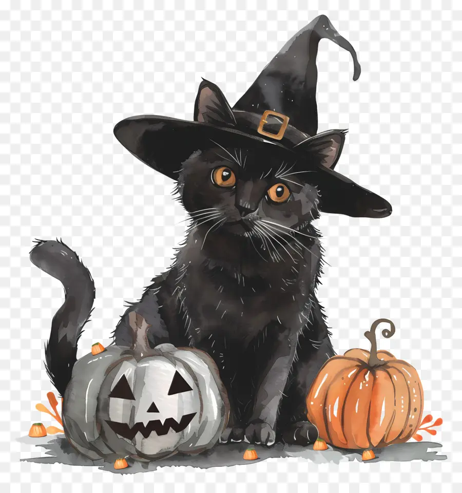 Lindo Gato De Halloween，Gato Negro Con Calabazas PNG