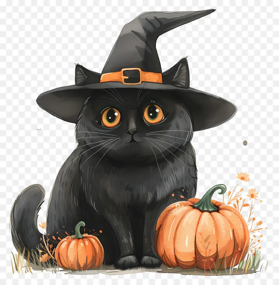 Lindo Gato De Halloween，Gato Negro Con Calabazas PNG