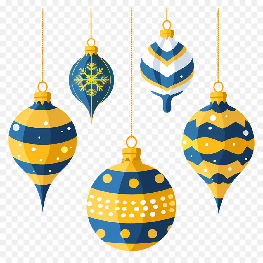 Bolas De Navidad Colgantes，Adornos Azules Y Amarillos PNG