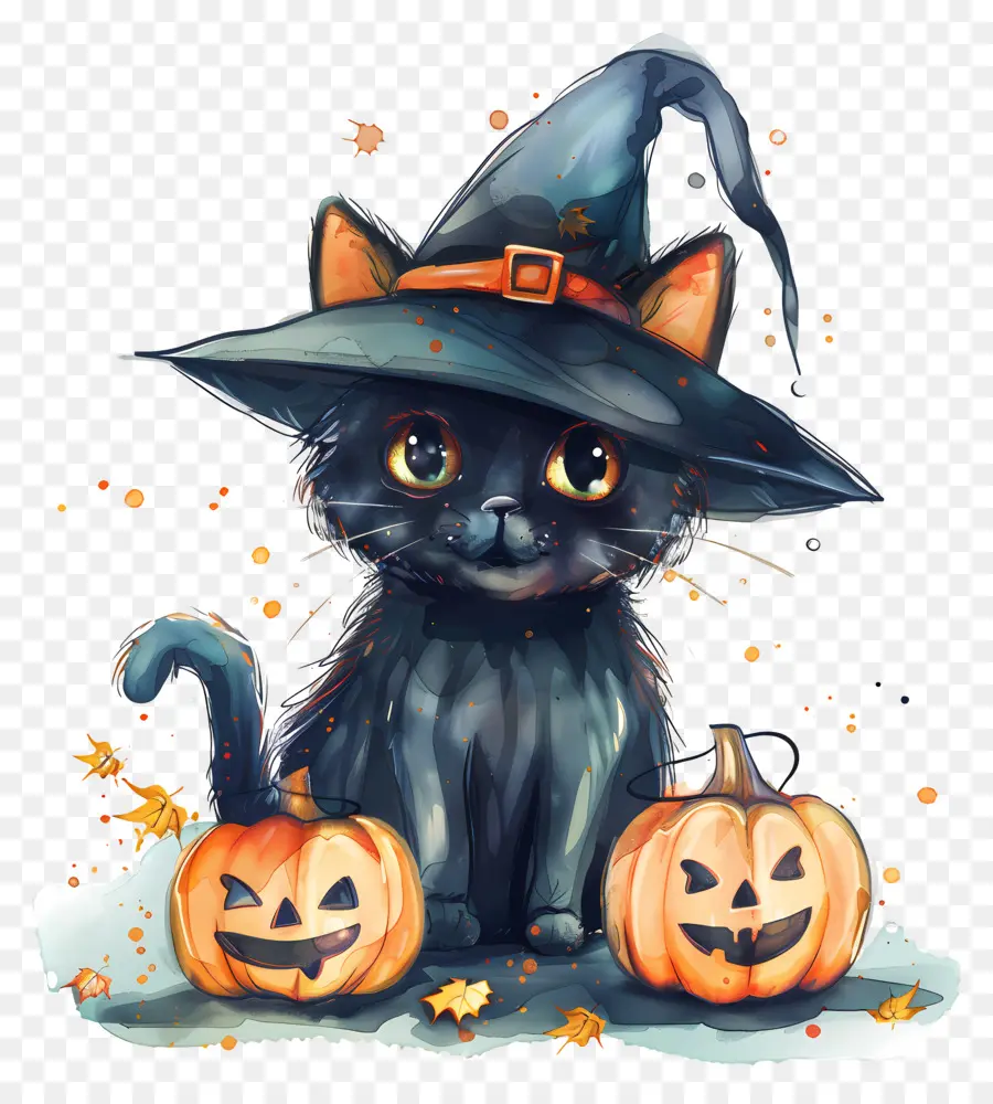 Lindo Gato De Halloween，Gato Negro Con Calabazas PNG