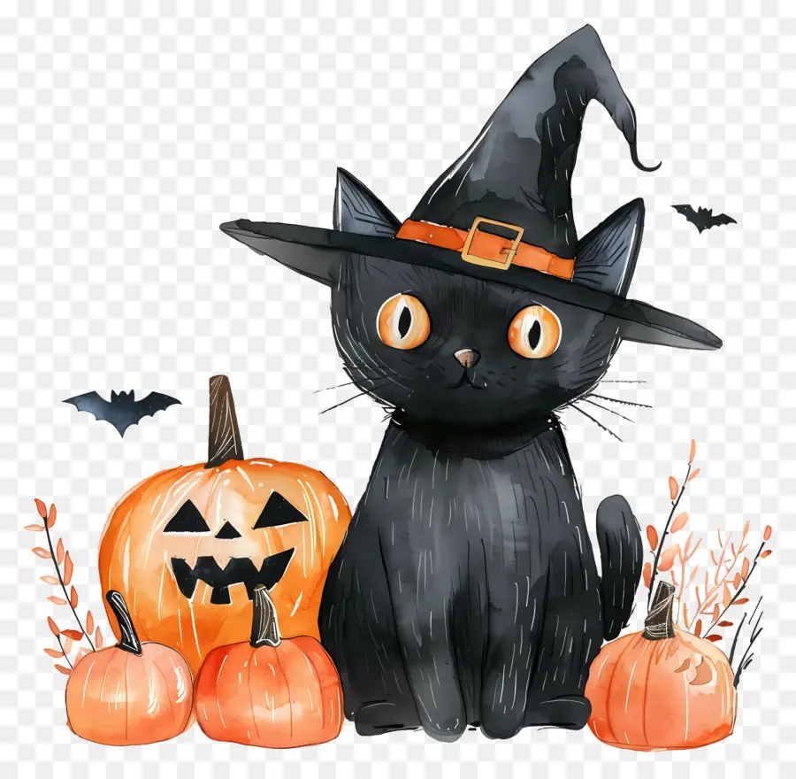 Lindo Gato De Halloween，Gato Negro Con Calabazas PNG