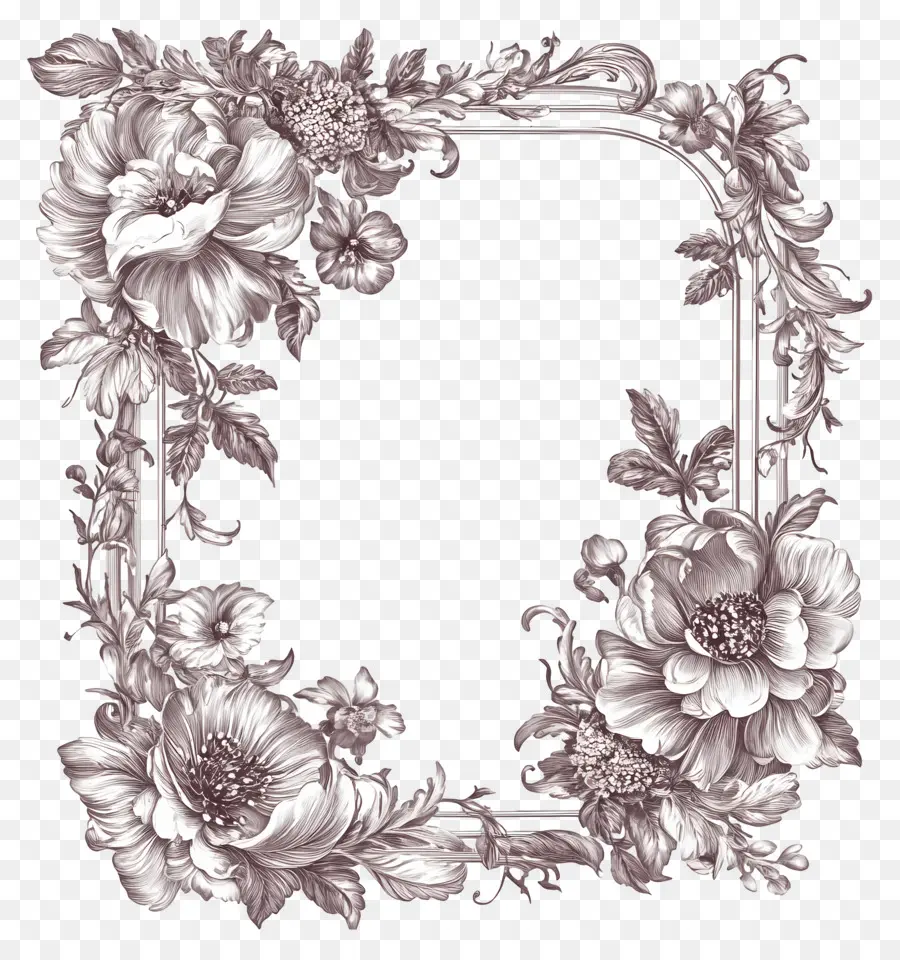 Marco Rectangular，Marco Floral Monocromo PNG