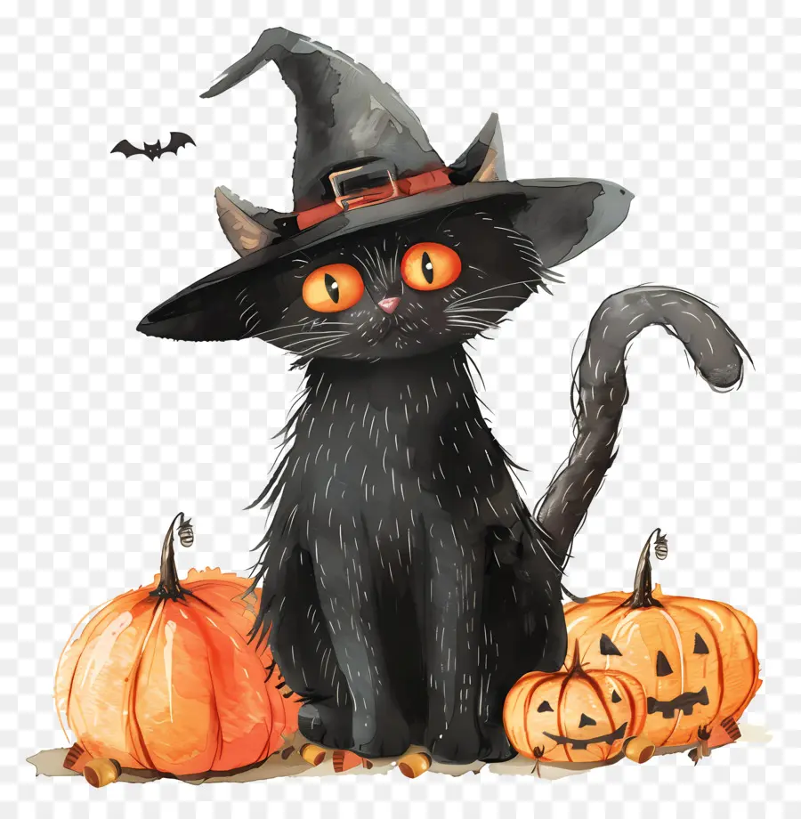 Lindo Gato De Halloween，Gato Negro Con Calabazas PNG