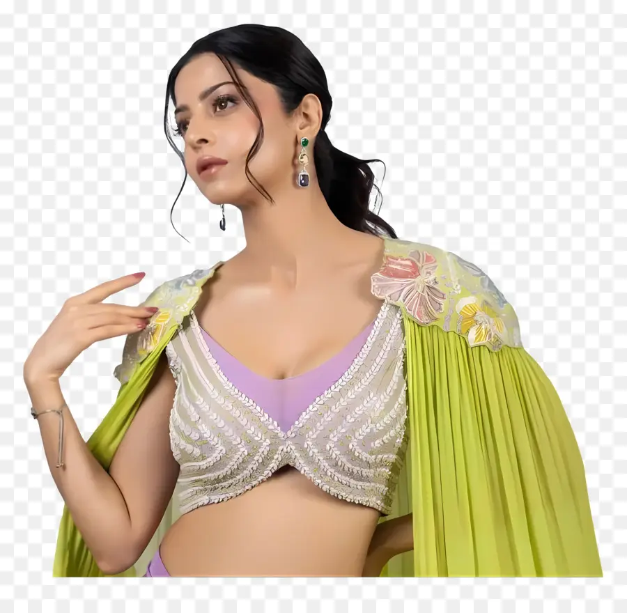 Vedhika，Mujer En Traje Verde Y Morado PNG