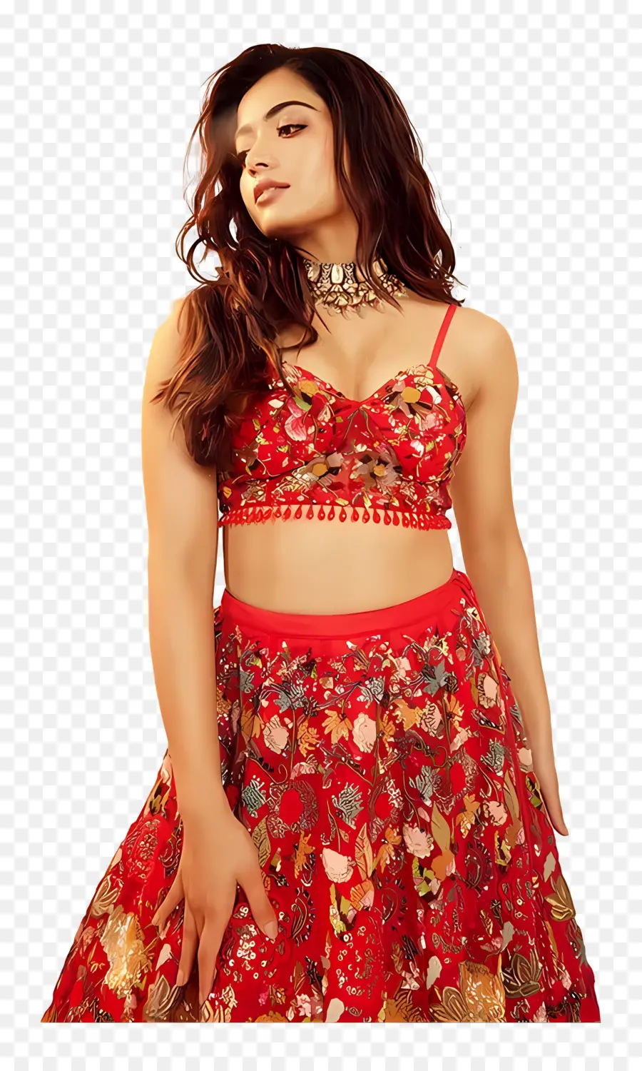 Rashmika Mandanna，Vestido Con Print De Flores Rojo PNG