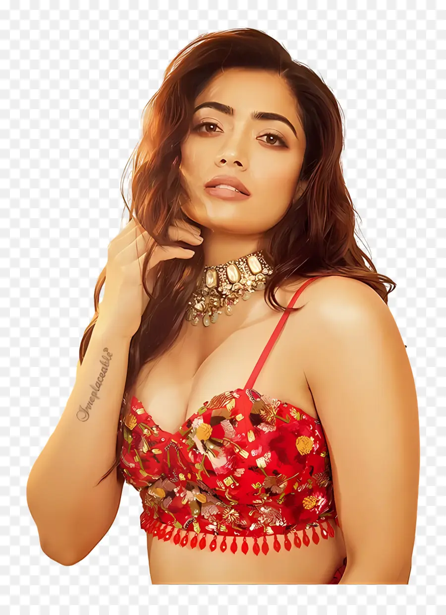 Rashmika Mandanna，Traje Floral Rojo PNG