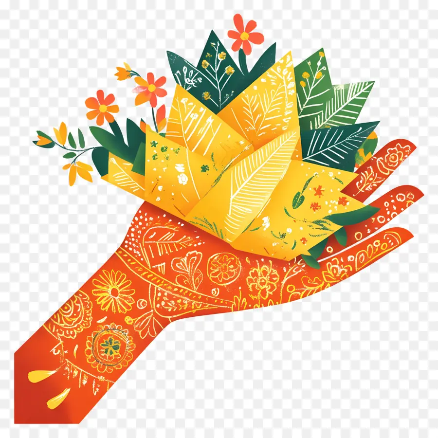 Mano India，Mano Decorada Con Flores Y Hojas PNG