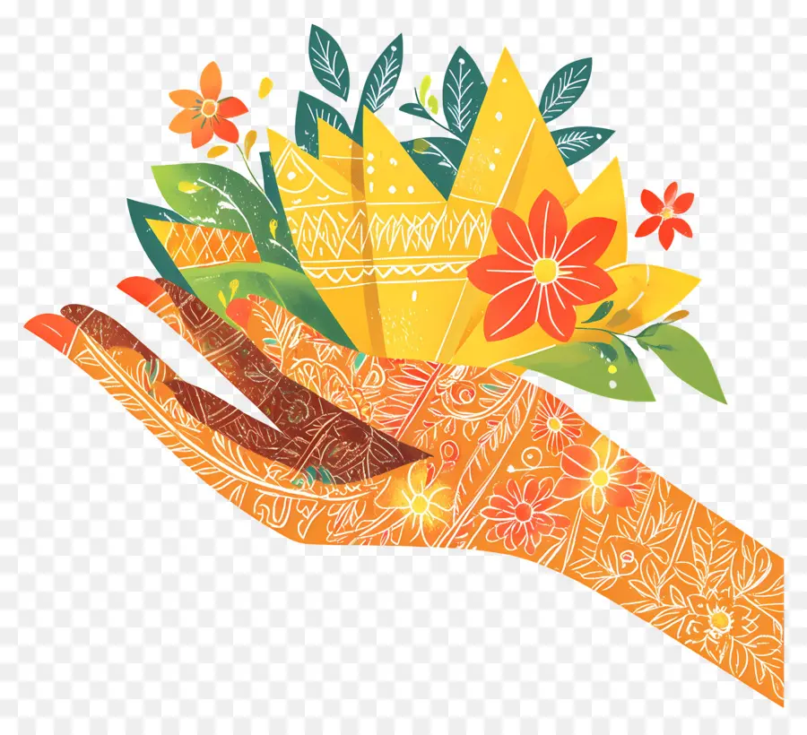 Mano India，Mano Decorada Con Flores Y Hojas PNG