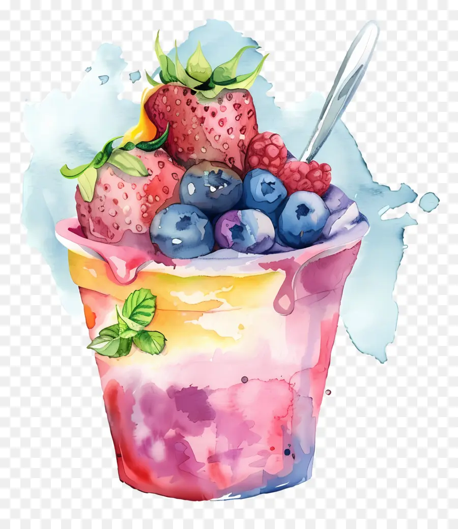 Taza De Yogur De Acuarela，Helado De Arcoiris PNG