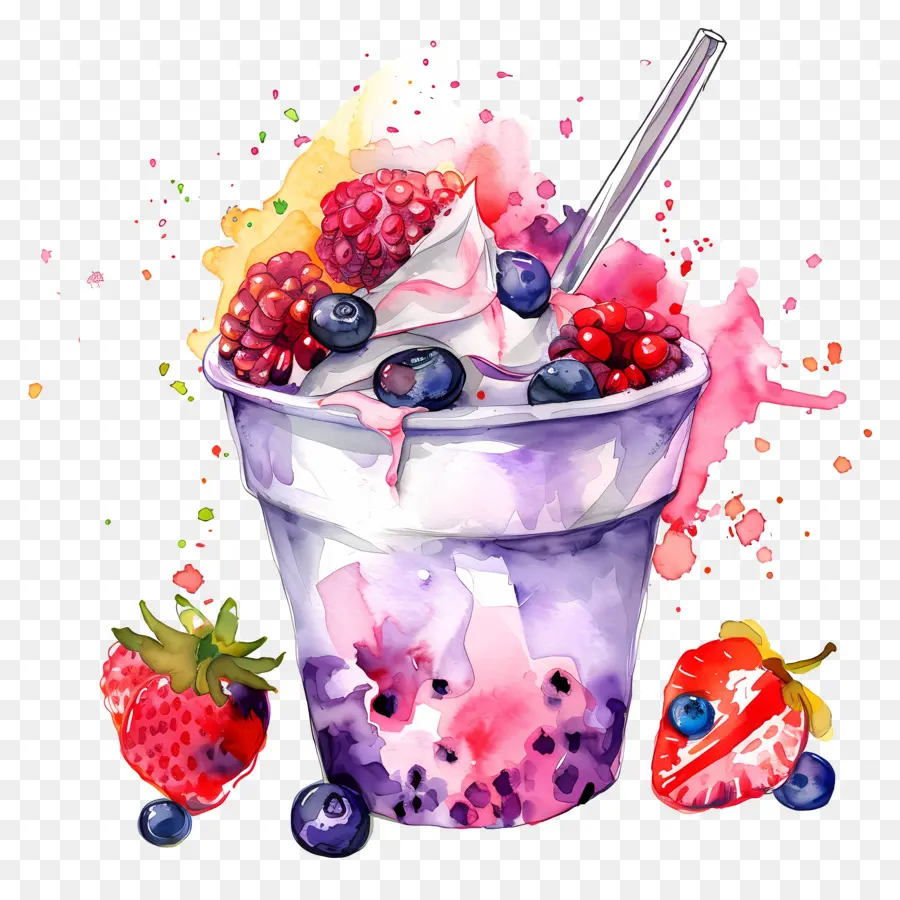 Taza De Yogur De Acuarela，Helado De Arcoiris PNG