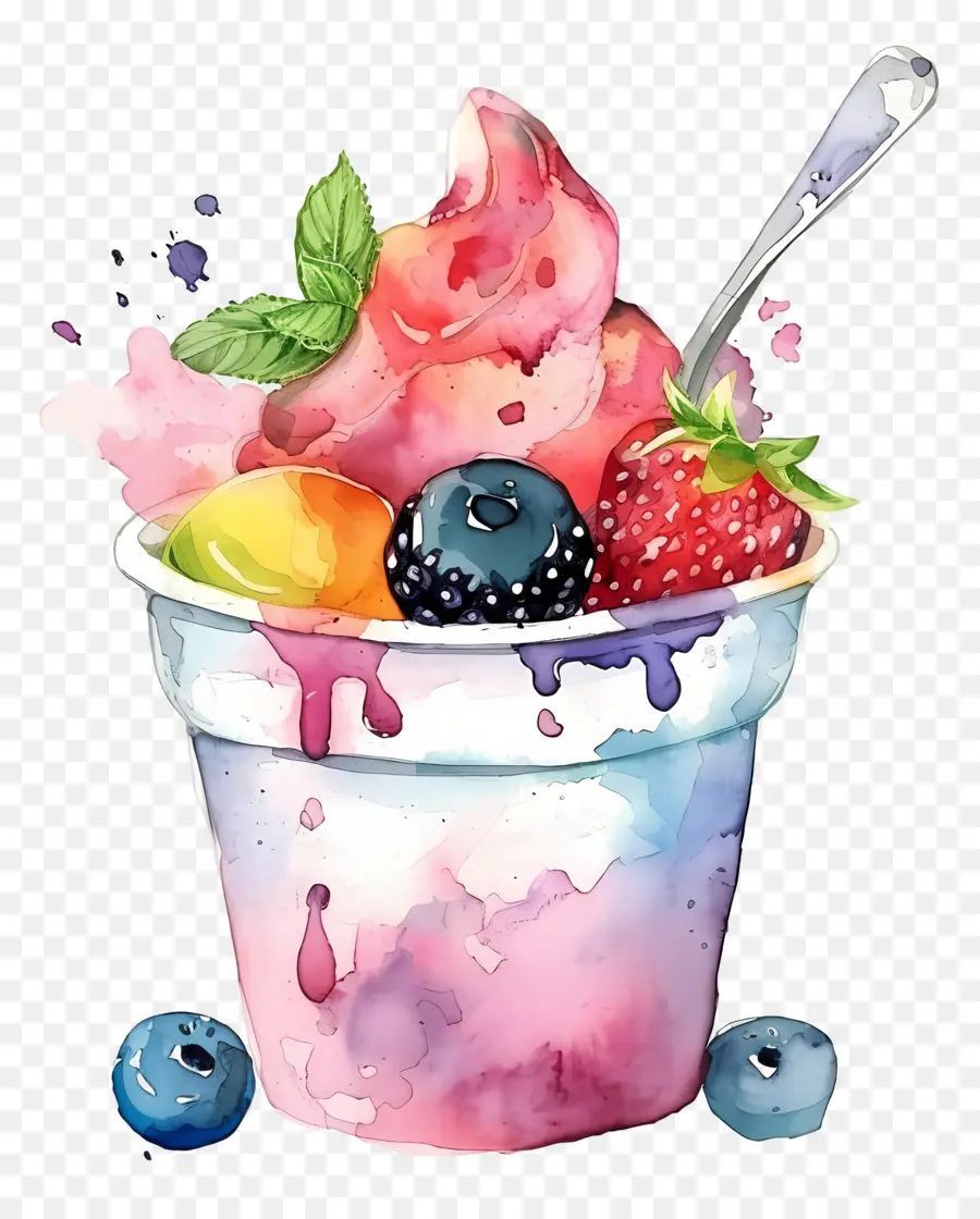 Taza De Yogur De Acuarela，Helado De Arcoiris PNG