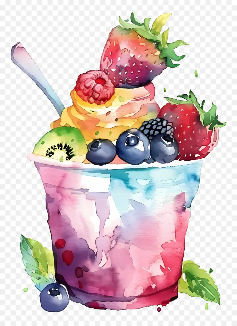 Taza De Yogur De Acuarela，Helado De Arcoiris PNG