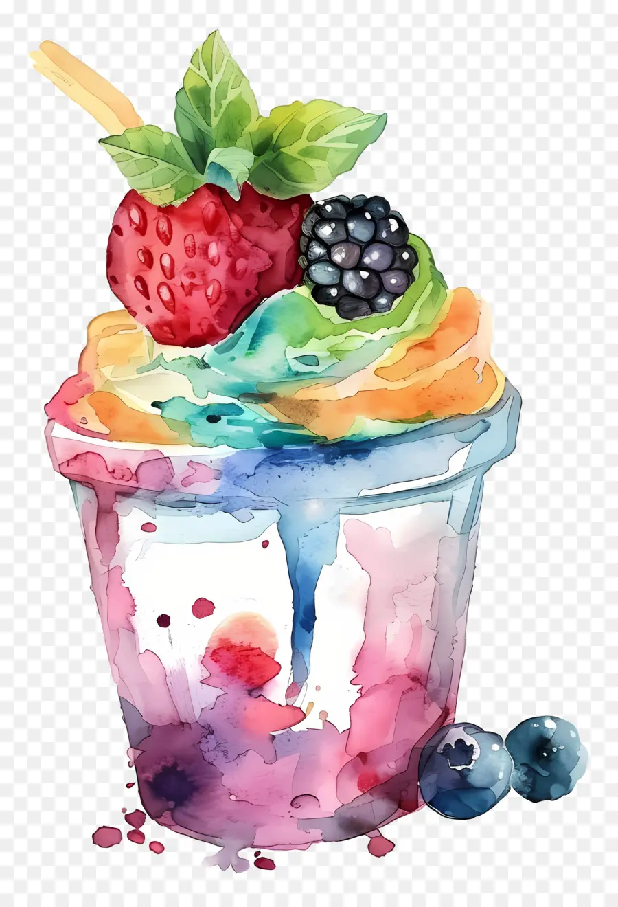 Taza De Yogur De Acuarela，Helado De Arcoiris PNG