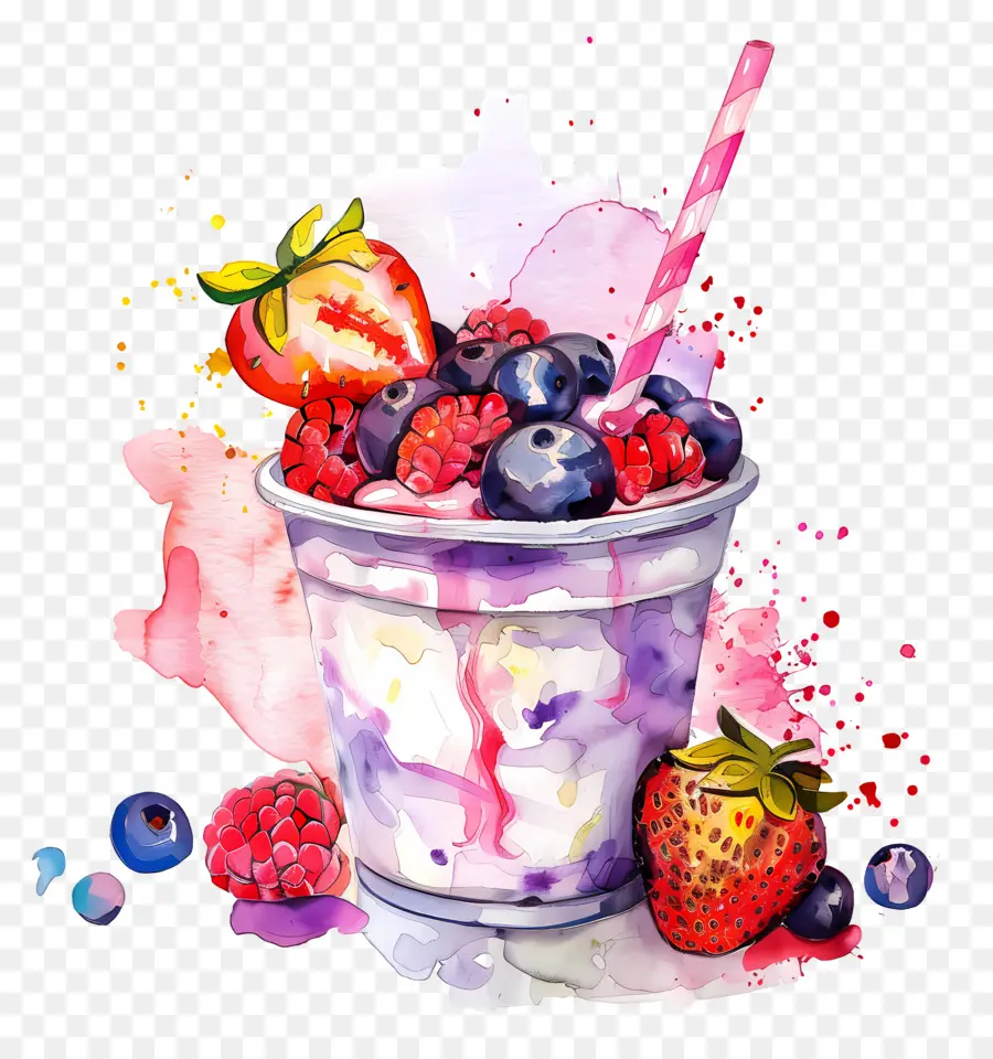 Taza De Yogur De Acuarela，Helado De Arcoiris PNG