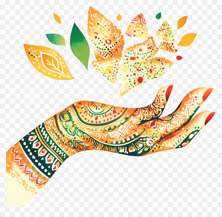 Mano India，Mano Decorada Con Hojas PNG