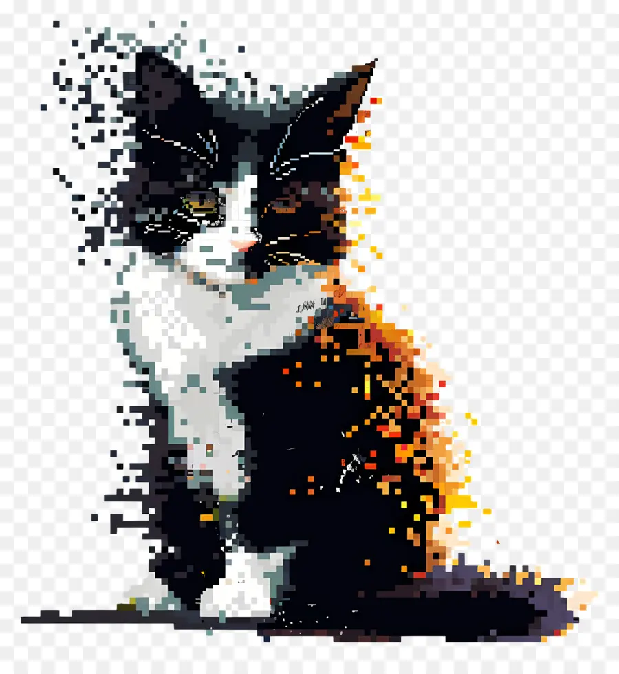 Gato Píxel，Gato Blanco Y Negro Pixelado PNG