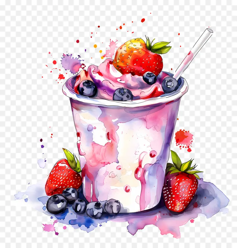 Taza De Yogur De Acuarela，Helado De Arcoiris PNG