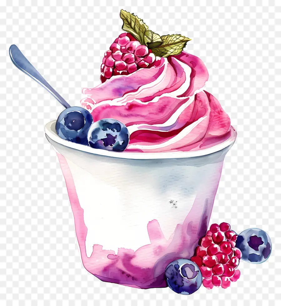 Taza De Yogur De Acuarela，Helado De Bayas PNG