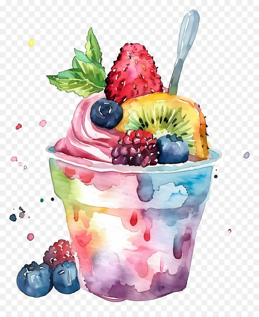 Taza De Yogur De Acuarela，Helado De Arcoiris PNG