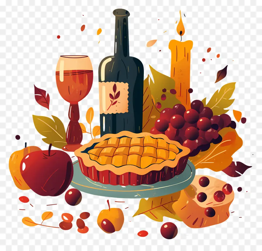 Comida De Acción De Gracias，Pastel De Otoño Y Vino PNG