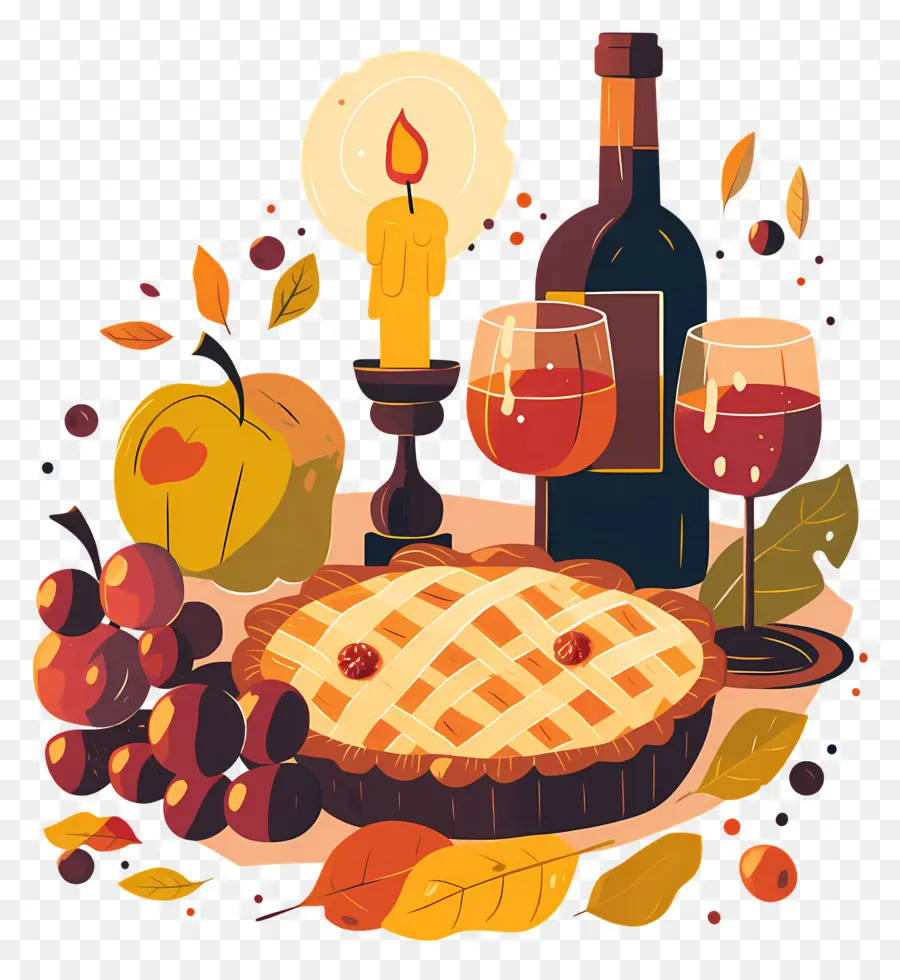 Comida De Acción De Gracias，Pastel Y Vino PNG