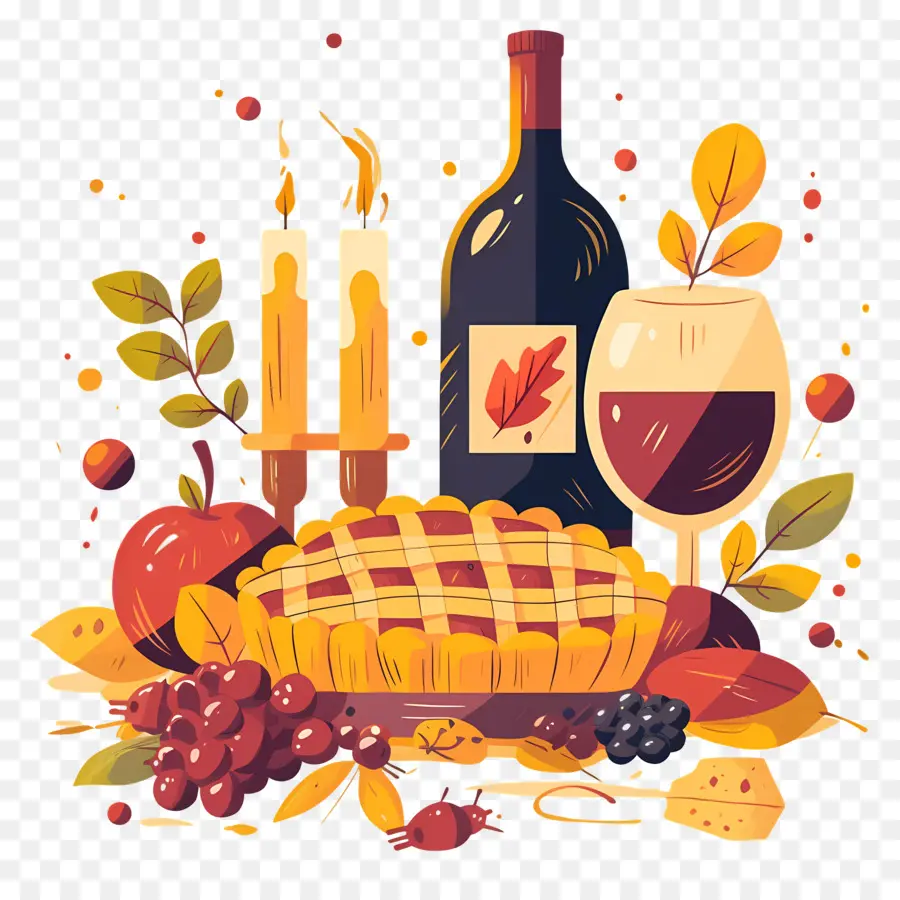 Comida De Acción De Gracias，Pastel Y Vino PNG