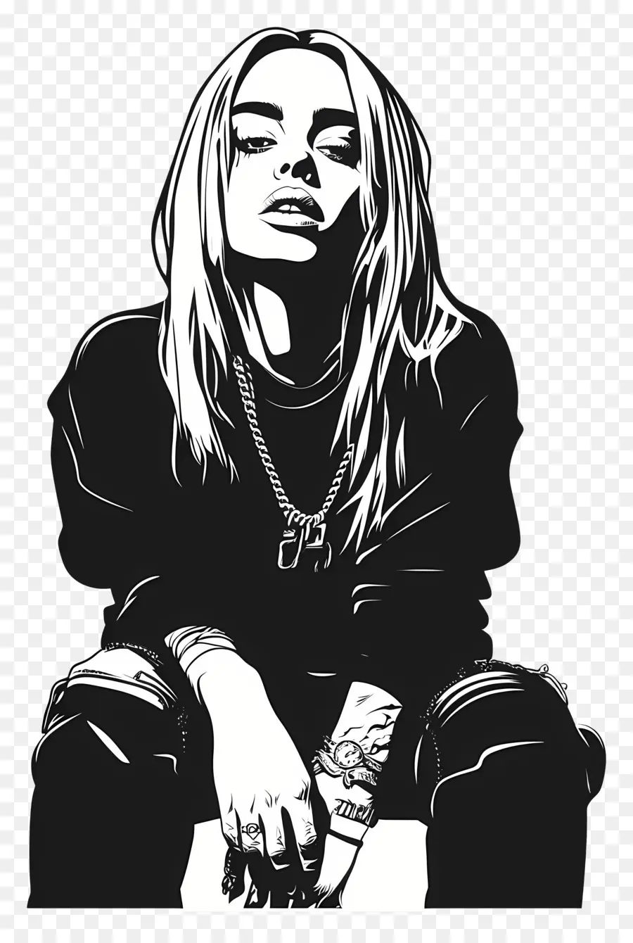 Billie Eilish，Ilustración En Blanco Y Negro PNG