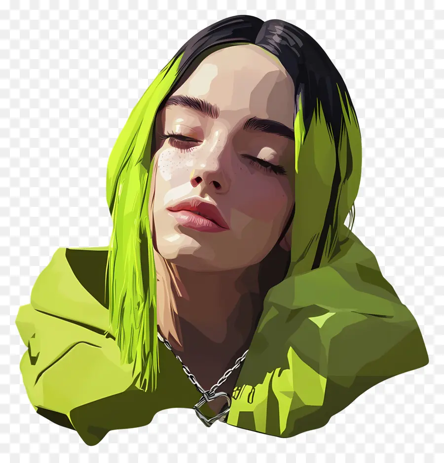 Billie Eilish，Retrato Estilizado Con Pelo Verde PNG