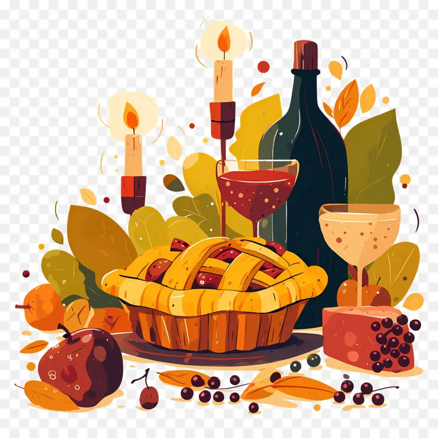 Comida De Acción De Gracias，Pastel De Otoño Y Vino PNG